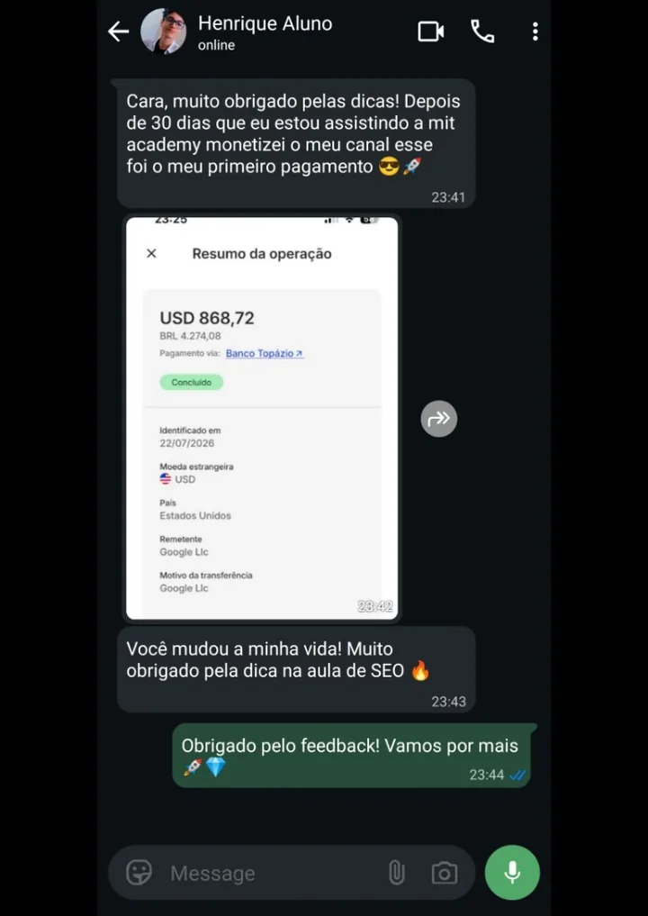 Depoimento WhatsApp, Henrique monetizou em 30 dias, pagamento Google USD 868,72
