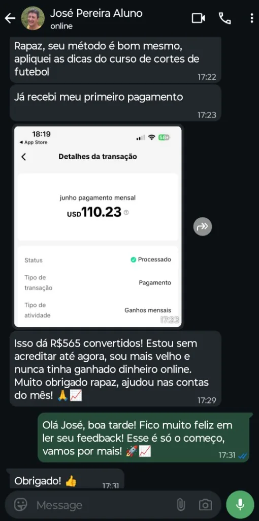 Depoimento WhatsApp, José com cortes de futebol, pagamento USD 110,23